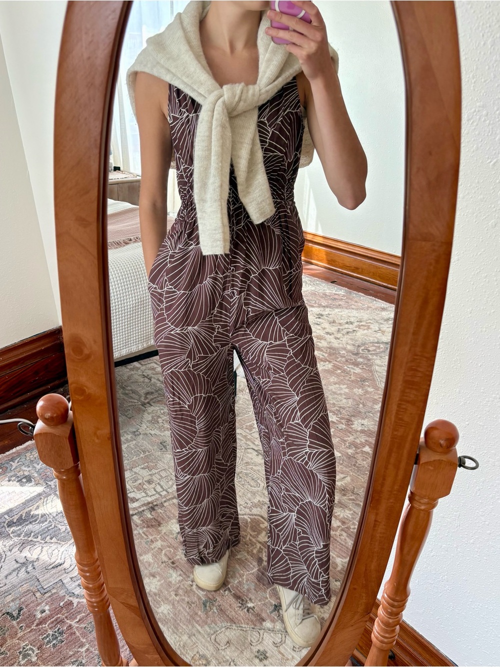 a new day Brown and Cream Leaf-Print Sleeveless Jumpsuit